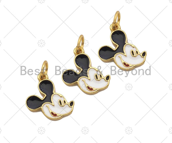 Mickey Mouse Head Enamel Pendant with Gold Finish, White Black Enamel Mickey Headn Charm, Colorful Enamel Pendant, 13x9mm, Sku#LK266
