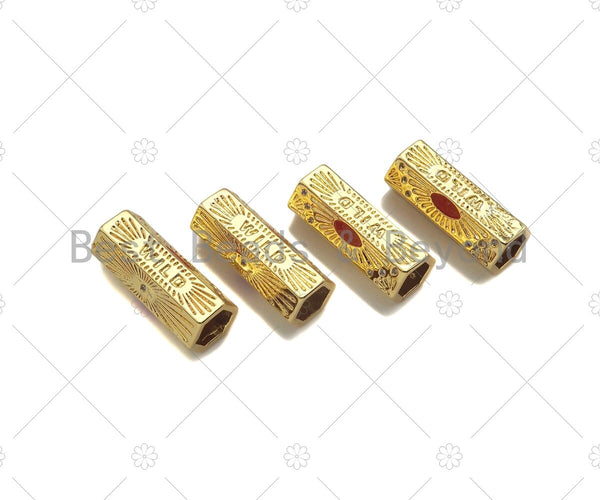 18K Dainty Gold  Wild  Word with Sun Shape On Hexagon Large Hole Tube Spacer Beads,Drum Barrel Beads,Red Enamel Tube Spacer,8x22mm, Sku#Y415