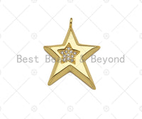 CZ Micro Pave Five Point Star on Fiver Point Star Shape Pendant,Cubic Zirconia Gold Charm, Necklace Bracelet Pendant, 22x27mm, Sku#Y418