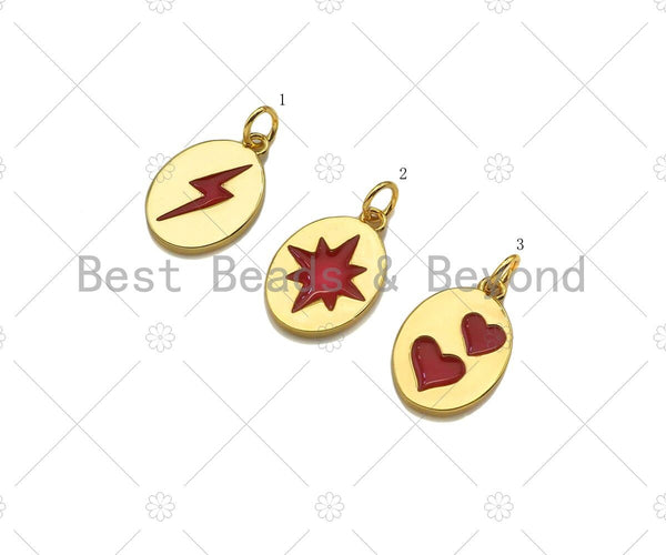 18K Dainty Gold Red Enamel North Star Lighting Heart On Oval Pendant, Gold Enamel Medallion Charm, 9x14mm,Sku#Y419