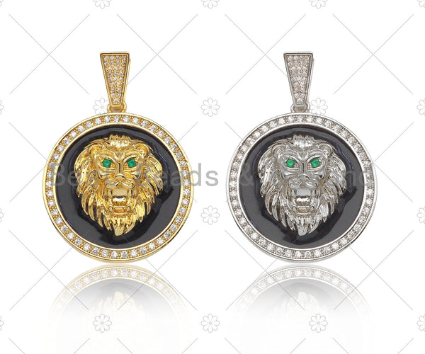 CZ Micro Pave Embossed Lion Head Pendant,Cubic Zirconia Gold/Silver Charm, Necklace Bracelet Charm Pendant, 35x39mm, sku#L551
