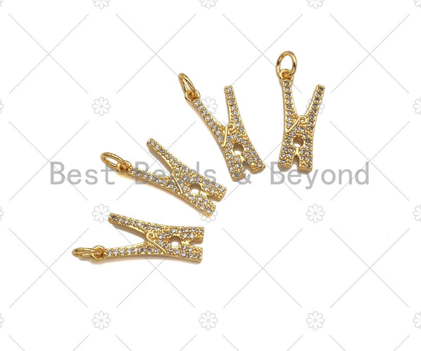 CZ Micro Pave Clothespin Shape Pendant,Cubic Zirconia Clamp Charm, Necklace Bracelet Charm Pendant, Fun Jewelry, 9x19mm, Sku#F1389