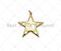 18K Dainty Gold Hollow Out Heart and Star On Five Point Star Shape Pendant, Necklace Bracelet Charm Pendant, 29x30mm, Sku#F1394