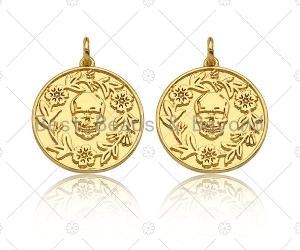 18K Dainty Gold Skull On Round Coin Shape Pendant,Gold Medallion Skull Charm,Necklace Bracelet Charm Pendant,18x20mm,Sku#Z1305