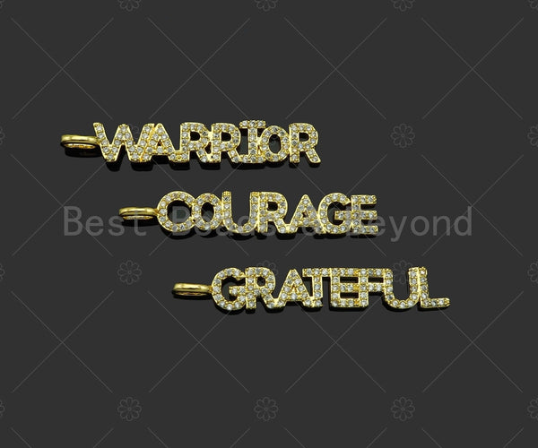 CZ Micro PaveWarrior Courage Grateful Words Pendant,Cubic Zirconia Gold Charm,Necklace Bracelet Charm Pendant,7x40mm,Sku#Z1307
