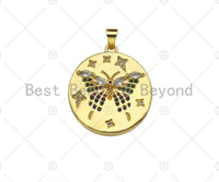 Colorful CZ Micro Pave Bee/Elephant/Butterfly On Round Coin Pendant,18K Dainty Gold Medallion Charm,Necklace Bracelet Charm,24x27mm,Sku#JL31 Bestbeads&Beyond