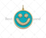 Large Pave Enamel Hot Pink/Turquoise Smiley Face 38mm Pendant, Cubic Zirconia Pave Pendant, Happy face charm, Pink Smiley Face, Sku#ML39