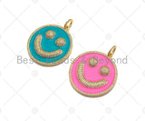 Large Pave Enamel Hot Pink/Turquoise Smiley Face 38mm Pendant, Cubic Zirconia Pave Pendant, Happy face charm, Pink Smiley Face, Sku#ML39