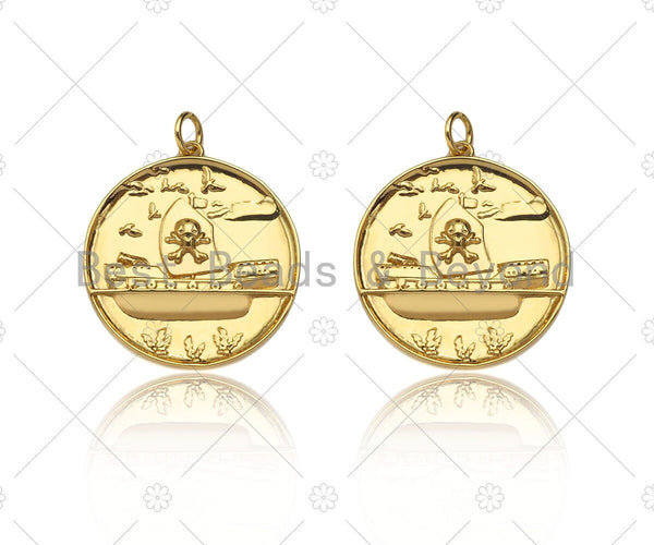 18k Dainty Gold Skull On Round Coin Charms, Gold Medallion Charms,Round Necklace Charms,25x28mm, Sku#Y410