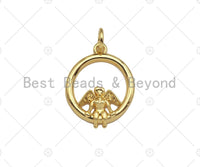 18K Dainty Gold Angel On Round Ring Shape Pendant, Necklace Bracelet Charm Pendant,15x19mm,Sku#Z1318