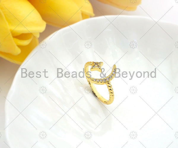 Cresent Moon Star Ring, 18K Gold Filled Open Ring, Pave Ring, Crescent Moon Ring, Delicate Moon ring, Gold Stacking Ring, 20mm, Sku#X178