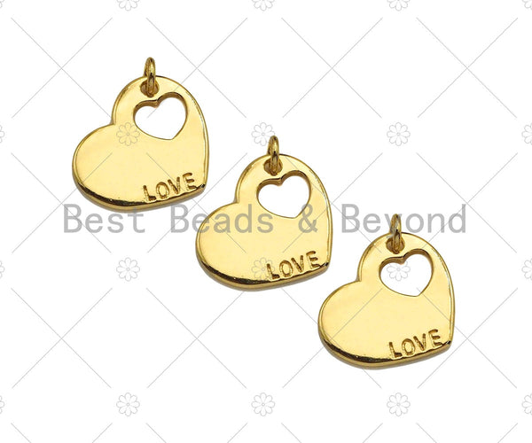 18K Dianty Gold Hollow Out Heart On Heart Shape with Love Word Pendant,Necklace Bracelet Charm Pendant, 13x15mm, Sku#JL29