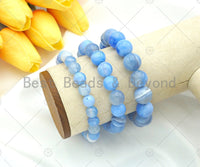 High Quality Natural Blue Banded Agate Stretchy Bracelet, 8mm/10mm/12mm Elastic Fit Round Smooth Bracelet, 7.5'' Bracelet, Sku#EF12