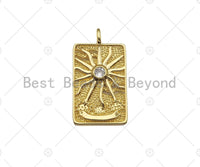 18K Dainty Gold Sunflower On Rectangle Shape Pendant,Big Clear CZ Medallion Charm, Necklace Bracelet Tag Charm,24x43mm,Sku#Z1313