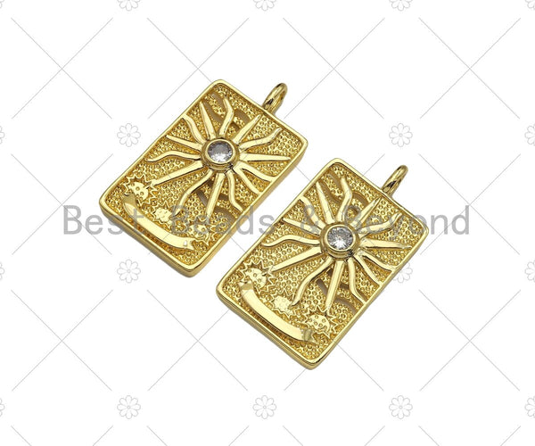 18K Dainty Gold Sunflower On Rectangle Shape Pendant,Big Clear CZ Medallion Charm, Necklace Bracelet Tag Charm,24x43mm,Sku#Z1313