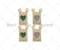 Colorful CZ Micro Pave Heart On Rectangle Shape Pendant, 18K Gold Medallion Charm, Necklace Bracelet Charm Pendant,12x21mm,Sku#LK311