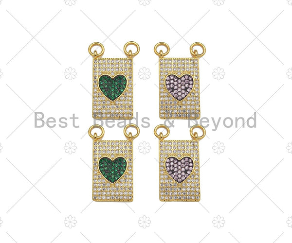 Colorful CZ Micro Pave Heart On Rectangle Shape Pendant, 18K Gold Medallion Charm, Necklace Bracelet Charm Pendant,12x21mm,Sku#LK311