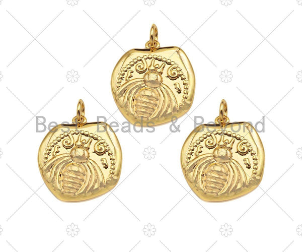 18k Dainty Gold Bee On Slab Charms, Dainty Charms, Gold Pendant, Bee Necklace Charms, 18x19mm, Sku#Y381