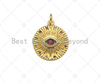 Gold Filled CZ Micro Pave Fuchsia Evil Eye On Round Coin Shape Pendant, 18K Gold Filled Charm, Necklace Bracelet Pendant, 16x18mm, Sku#Y437