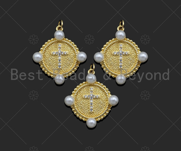 Gold Filled CZ Micro Pave Cross Medallion Pendant,18K Gold Filled Mother of Pearl Charm, Necklace Bracelet Pendant,25x23mm,Sku#LK348