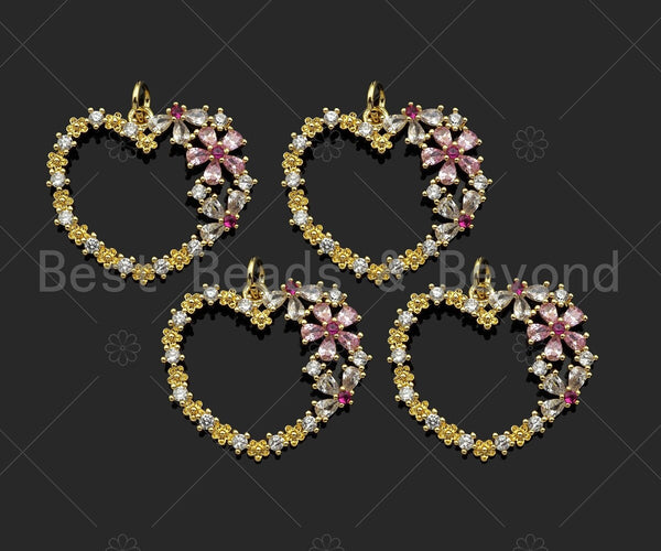 Gold Filled Colorful CZ Micro Pave Flower On Heart Shape Pendant, 18K Gold Filled Heart Charm, Necklace Bracelet Pendant,24x21mm,Sku#LK327