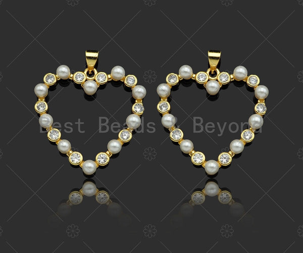 Gold Filled CZ Micro Pave Pearl On Heart Shape Pendant,18K Gold Filled Mother of Pearl Charm, Necklace Bracelet Pendant, 28x29mm,Sku#LD101
