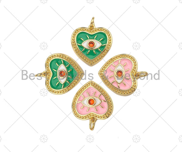 Red CZ Evil Eye On Pink/Green Enamel Heart Gold Pendant,CZ Micro Pave 18K Gold Pendant, Enamel Charm,Enamel Jewelry,15x15mm,Sku#Z1349