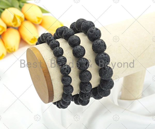 High Quality Natural Black Lava Stretchy Bracelet, 8mm/10mm/12mm Elastic Fit Round Smooth Bracelet, Sku#EF47