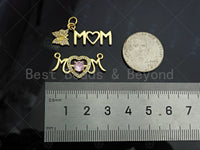 Gold Filled CZ Micro Pave Mom Heart Shape Pendant,18K Gold Filled Mom Charm, Mother's Day Necklace Bracelet Pendant,8x20/12x27mm,Sku#LK365
