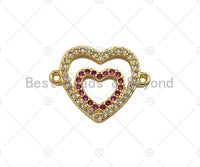 Gold Filled Fuchsia CZ Heart with Clear CZ Heart Shape Connector,18K Gold Filled Heart Charm, Necklace Bracelet Pendant,17x23mm,Sku#LK367