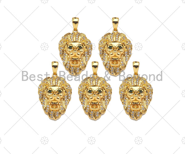 Gold Filled CZ Micro Pave  Lion Head with Green Eye Pendant, 18K Gold Filled Lion Head Charm, Necklace Bracelet Pendant, 14x20mm, Sku#Y443