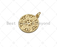 Gold Filled Flower On Round Coin Shape Pendant, 14K Gold Filled Flower Medallion Charm, Necklace Bracelet Charm Pendant, 14x17mm, Sku#ZX17