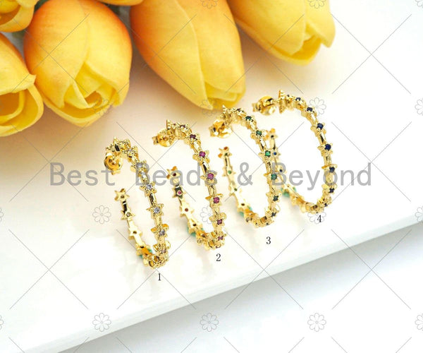 Gold Filled Colorful CZ Bamboo Hoop Earrings, Think 18k Gold Filled Hoop Earrings, Everyday Micro Pave Star Earrings, 30x33mm,Sku#O62