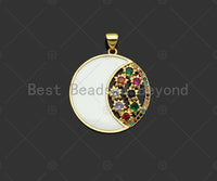 Colorful Enamel Cresent Moon with Colorful CZ On Round Shape Pendant, 18K Gold Filled Enamel Moon Charm,26x28mm,Sku#JL50