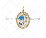 Blue Enamel Flower On White/Gray Enamel Oval Shape Pendant, 18K Gold Filled Enamel Oval Charm,18x30mm,Sku#Z1375 Bestbeads&Beyond