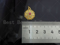 Gold Filled CZ Micro Pave Flower Pattern On Round Shape Pendant, 18K Gold Filled Fuchsia CZ Charm, Necklace Bracelet Pendant,mm,Sku#LK346