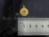 Gold Filled CZ Micro Pave Flower Pattern On Round Shape Pendant, 18K Gold Filled Fuchsia CZ Charm, Necklace Bracelet Pendant,mm,Sku#LK346