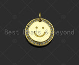 Gold Filled CZ Micro Pave Smiley Face On Round Coin Shape Pendant,18K Gold Filled Smiley Face Charm, Necklace Bracelet Charm,13mm,Sku#LK324