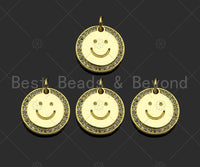 Gold Filled CZ Micro Pave Smiley Face On Round Coin Shape Pendant,18K Gold Filled Smiley Face Charm, Necklace Bracelet Charm,13mm,Sku#LK324