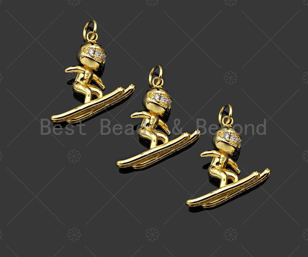 Gold Filled CZ Micro Pave Skiing Shape Pendant, 18K Gold Filled Skiing Charm, Necklace Bracelet Charm Pendant, 18x15mm,Sku#Y470