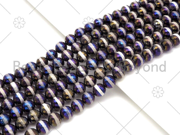 Mystic AB Black Tibetan Agate with Whtie Line Round Faceted Beads, 8mm/10mm/12mm Beads, 15.5'' Full Strand, Sku#UA223