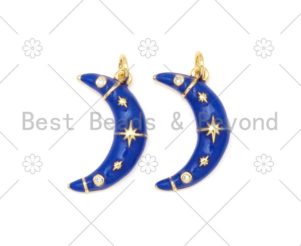 Gold Star Cobalt Blue Enamel Crescent Moon Pendant,Sku#Y482