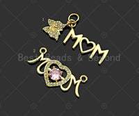 Gold Filled CZ Micro Pave Mom Heart Shape Pendant,18K Gold Filled Mom Charm, Mother's Day Necklace Bracelet Pendant,8x20/12x27mm,Sku#LK365