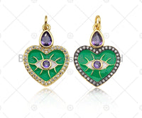 Whtie Evil Eye with Purple CZ On Green Enamel Heart Shape Pendant,CZ Micro Pave Enamel Pendant,Enamel Jewelry,23x17mm,Sku#Y422