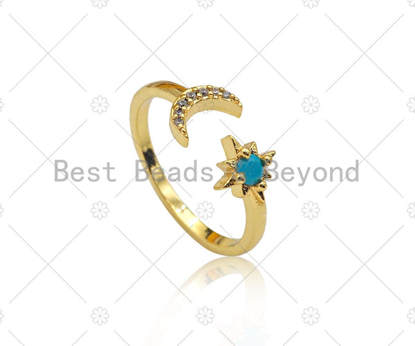 CZ Micro Pave Cresent Moon North Star Shape Ring, 18K Gold Filled Moon Star Open Ring, Adjustable Turquoise Ring, 20mm,Sku#X204