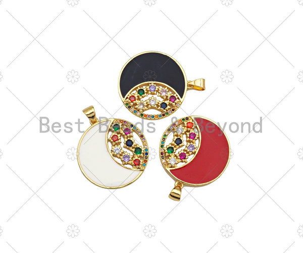 Colorful Enamel Cresent Moon with Colorful CZ On Round Shape Pendant, 18K Gold Filled Enamel Moon Charm,26x28mm,Sku#JL50