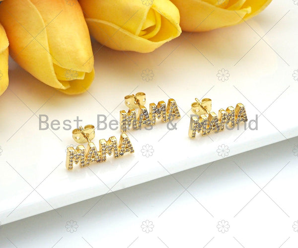 CZ Micro Pave Stud Earring, 18K Gold Filled Mama Word Shape Earrings, Clear CZ Micro Pave Earrings, Mother's Day Gift, 7x19mm, Sku#LD134