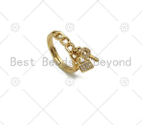 CZ Micro Pave Oval Link with Lock Key Adjustable Ring, 18K Gold Filled Open Ring, Pave ring, Statement Ring, 21x23mm,Sku#LD140