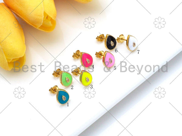 Colorful Enamel Teardrop Shape Earrings, 18K Gold Filled CZ Micro Pave Stud Earrings, Enamel Pave Jewelry, 11x8mm, Sku#O68