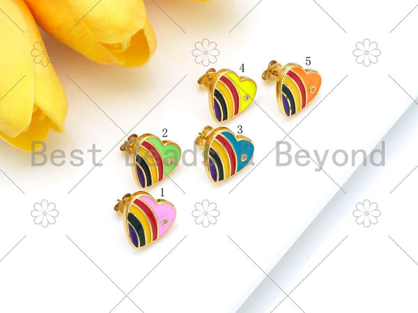 Colorful Rainbow Enamel Heart Earrings, 18K Gold Filled CZ Micro Pave Stud Earrings, Enamel CZ Jewelry, 14x14mm, Sku#O69